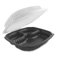 Culinary Lites® Microwavable 3-Compartment Container, 20/5/5 oz, 9x9x3.13, Clear/Black, 120/CS