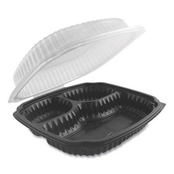 Culinary Lites® Microwavable 3-Compartment Container, 20/5/5 oz, 9x9x3.13, Clear/Black, 120/CS