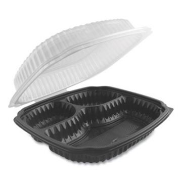 Culinary Lites® Microwavable 3-Compartment Container, 26/7/7oz, 10.5x10x3, Clear/Black, 120/CS